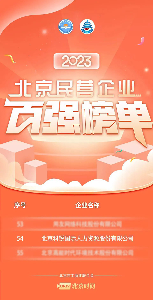 2023年mansion88·明升官方网站人力资源公司陆续四年上榜“北京民营企业百强”