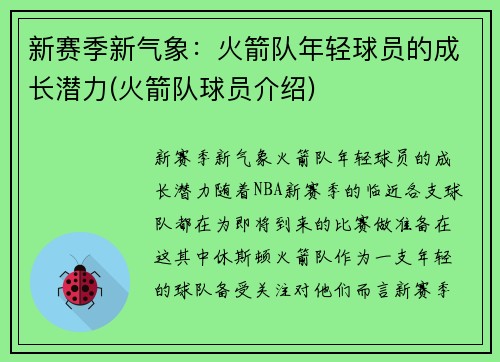 新赛季新气象：火箭队年轻球员的成长潜力(火箭队球员介绍)