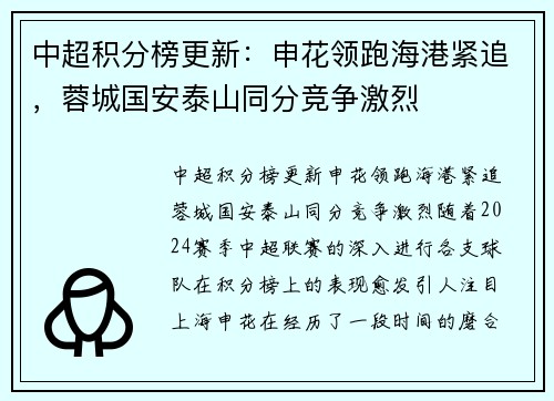 中超积分榜更新：申花领跑海港紧追，蓉城国安泰山同分竞争激烈
