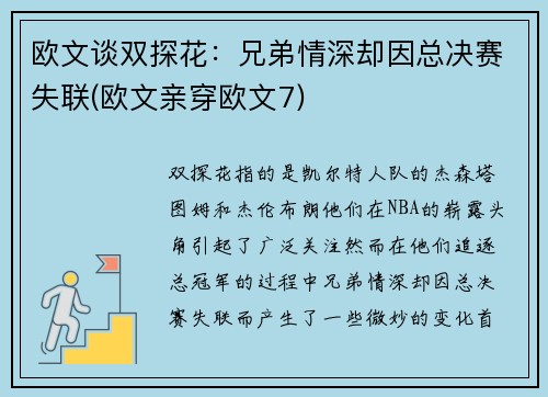 欧文谈双探花：兄弟情深却因总决赛失联(欧文亲穿欧文7)