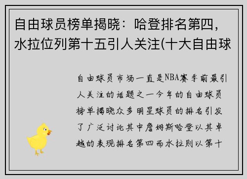 自由球员榜单揭晓：哈登排名第四，水拉位列第十五引人关注(十大自由球员)