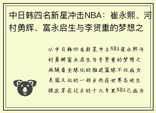 中日韩四名新星冲击NBA：崔永熙、河村勇辉、富永启生与李贤重的梦想之旅