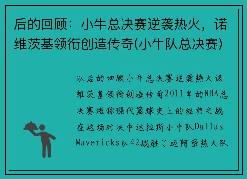 后的回顾：小牛总决赛逆袭热火，诺维茨基领衔创造传奇(小牛队总决赛)