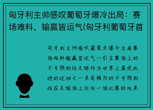 匈牙利主帅感叹葡萄牙爆冷出局：赛场难料，输赢皆运气(匈牙利葡萄牙首发阵容)
