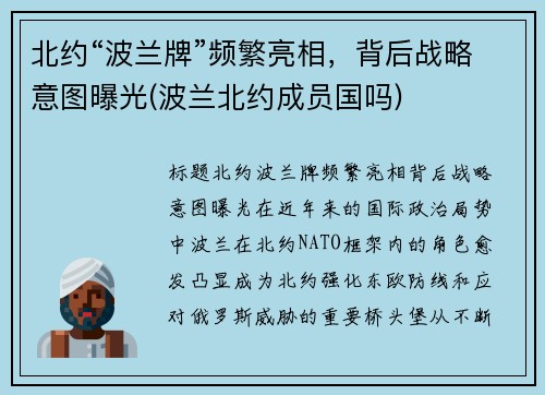 北约“波兰牌”频繁亮相，背后战略意图曝光(波兰北约成员国吗)