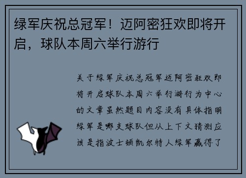 绿军庆祝总冠军！迈阿密狂欢即将开启，球队本周六举行游行