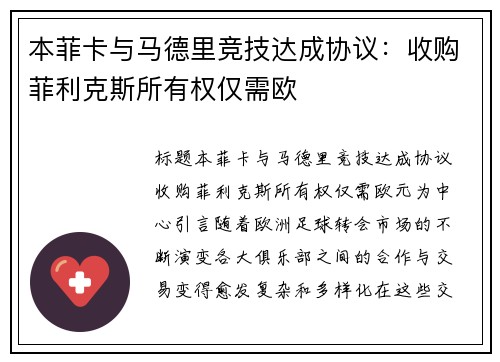 本菲卡与马德里竞技达成协议：收购菲利克斯所有权仅需欧