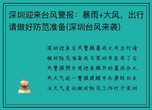 深圳迎来台风警报：暴雨+大风，出行请做好防范准备(深圳台风来袭)